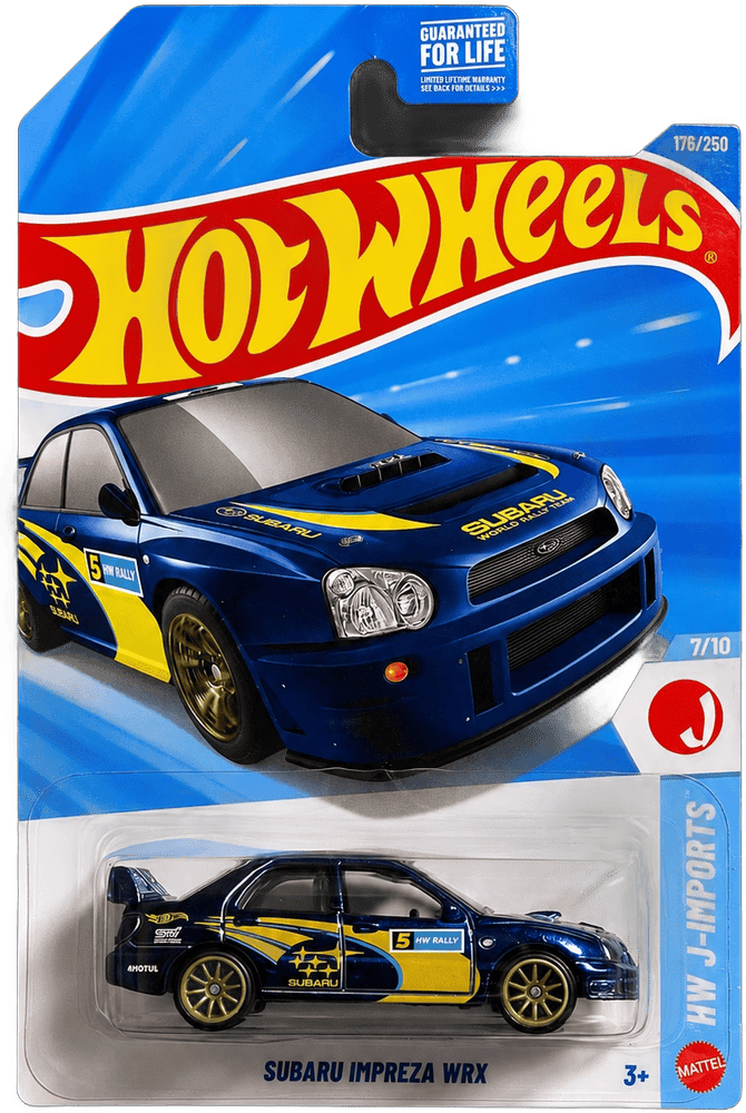 Hot Wheels Subaru Impreza WRX die-cast car package, transparent background