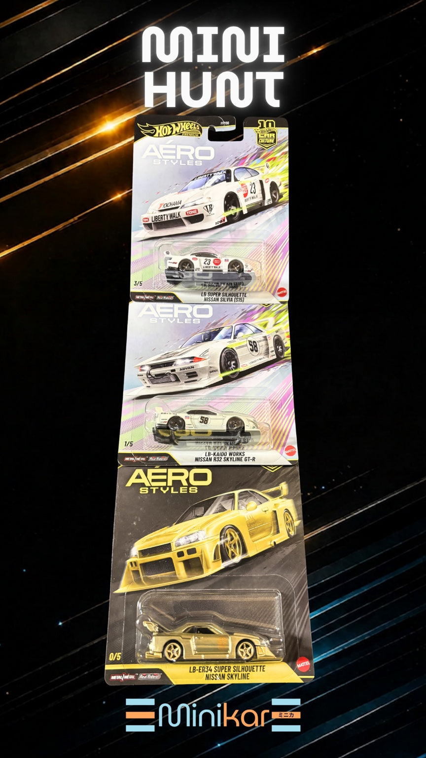 Minikar Signature Series Mini Hunt featuring Aero Styles Nissan Silvia, Skyline GT-R, and gold Skyline chase