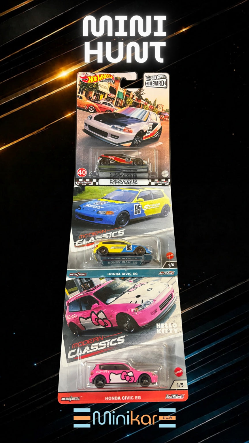 Minikar Signature Series Mini Hunt featuring three Honda Civic EG premium castings including Hello Kitty