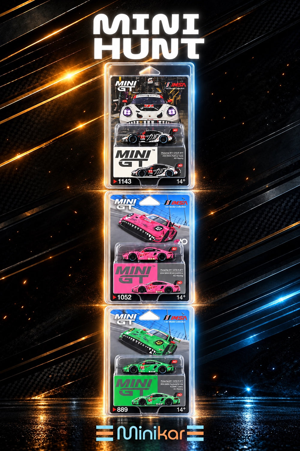Minikar Signature Series Mini Hunt featuring three Mini GT AO Racing Porsche 911 GT3 R models