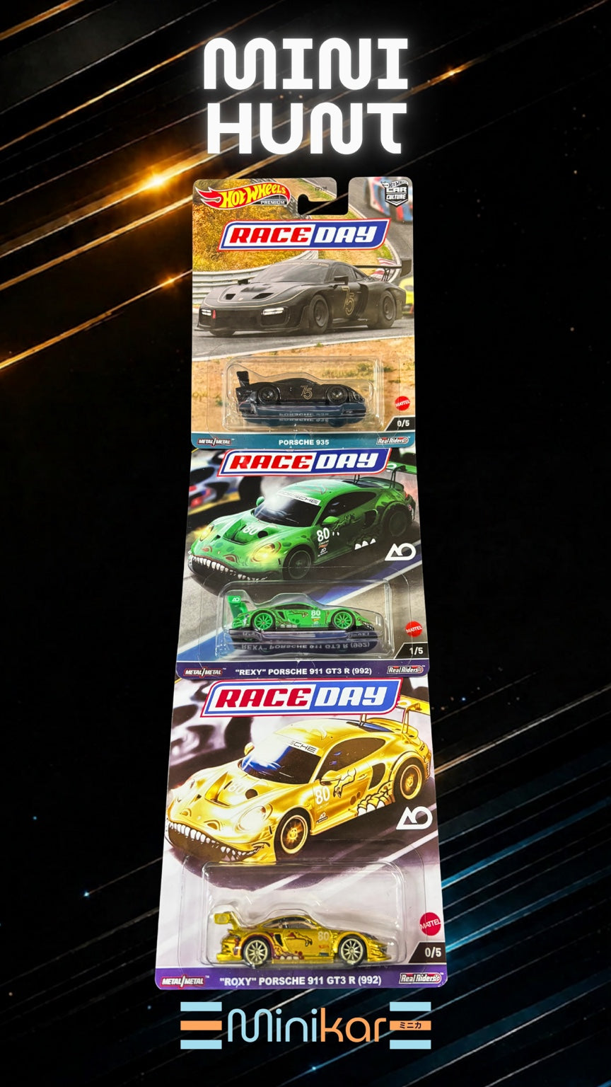 Minikar Signature Series Mini Hunt featuring Race Day Porsche 935, Rexy Porsche 911 GT3 R, and Roxy Porsche 911 GT3 R